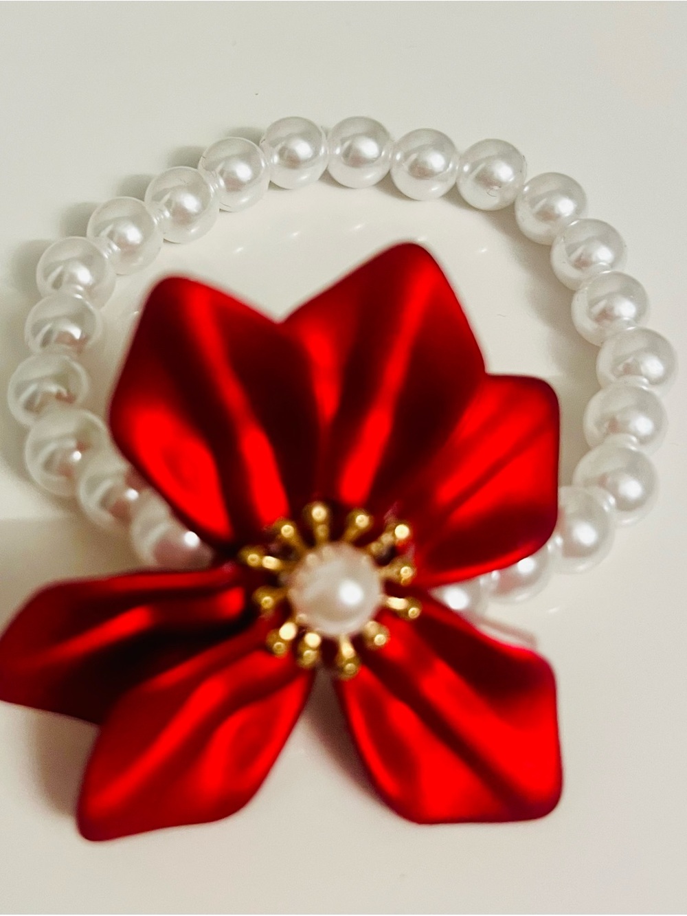 Pretty Faux Peal/ Beaded Red Floral Bracelet-Adjustable,One size fits all